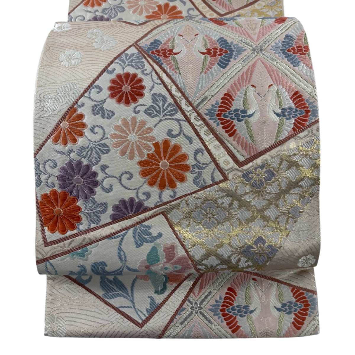【美品】 袋帯 秀品 菊唐草 向かい鶴 唐織 箔 クリーム 六通 正絹 【中古】