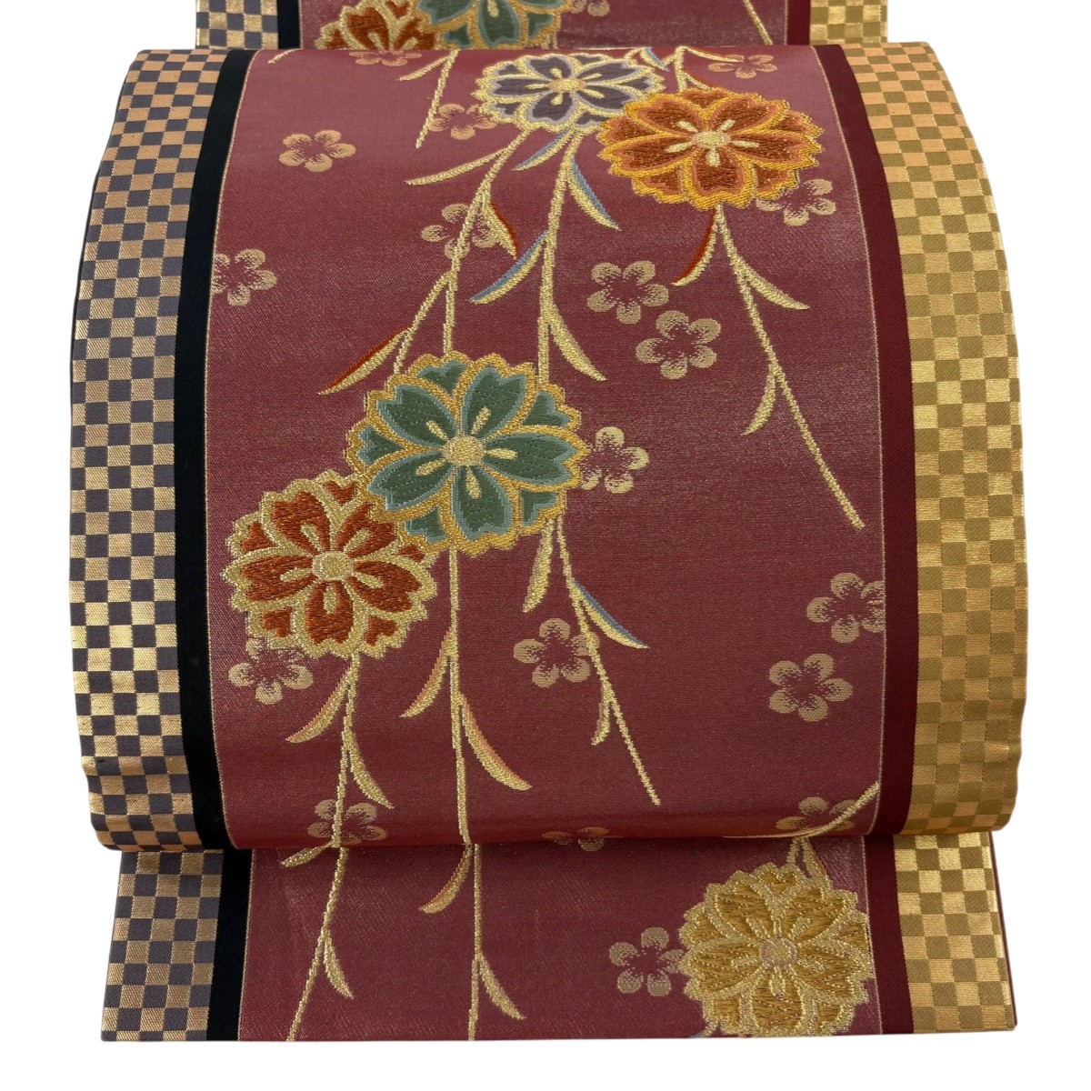 【美品】 袋帯 秀品 夢浪漫 枝垂れ桜 市松 金糸 唐織 えんじ色 六通 正絹 【中古】