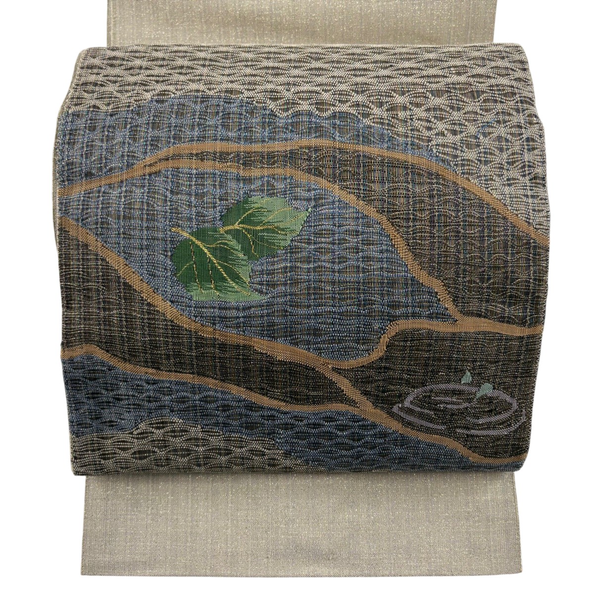 【美品】 名古屋帯 秀品 八寸名古屋帯 松葉仕立て 葉柄 流水 金糸 箔 ベージュ 正絹 【中古】 8,614円