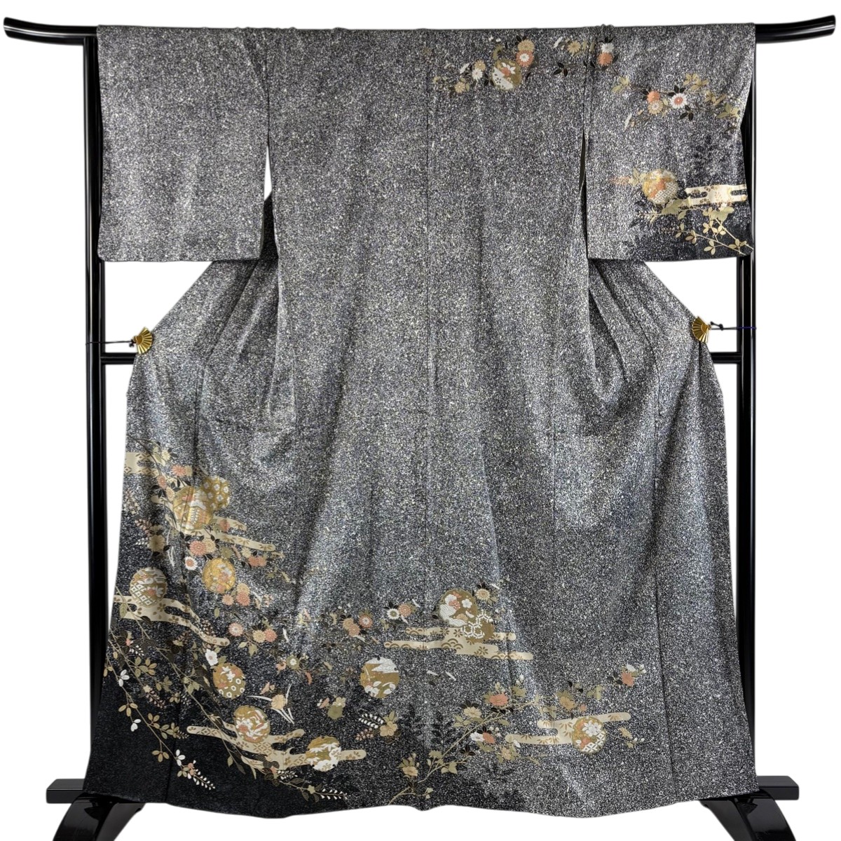 訪問着 身丈159.5cm 裄丈66cm M 袷 雪輪 草花 金彩 黒灰 正絹 秀品 一つ紋 【中古】