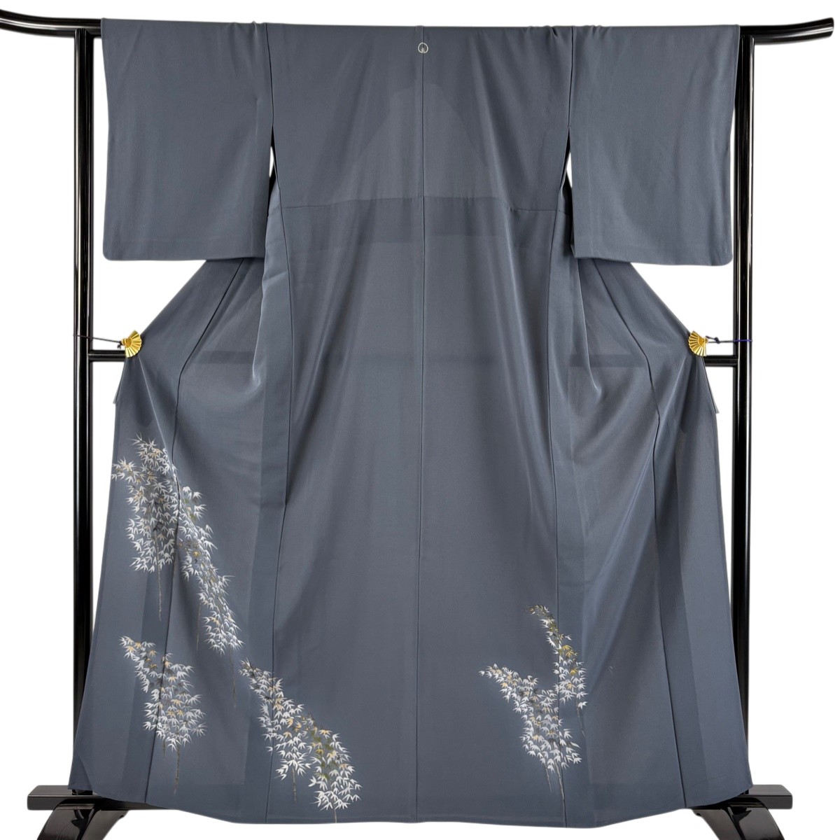 色留袖 身丈160.5cm 裄丈63cm S 単衣 英 笹 金彩 青灰色 化繊 秀品 一つ紋 【中古】
