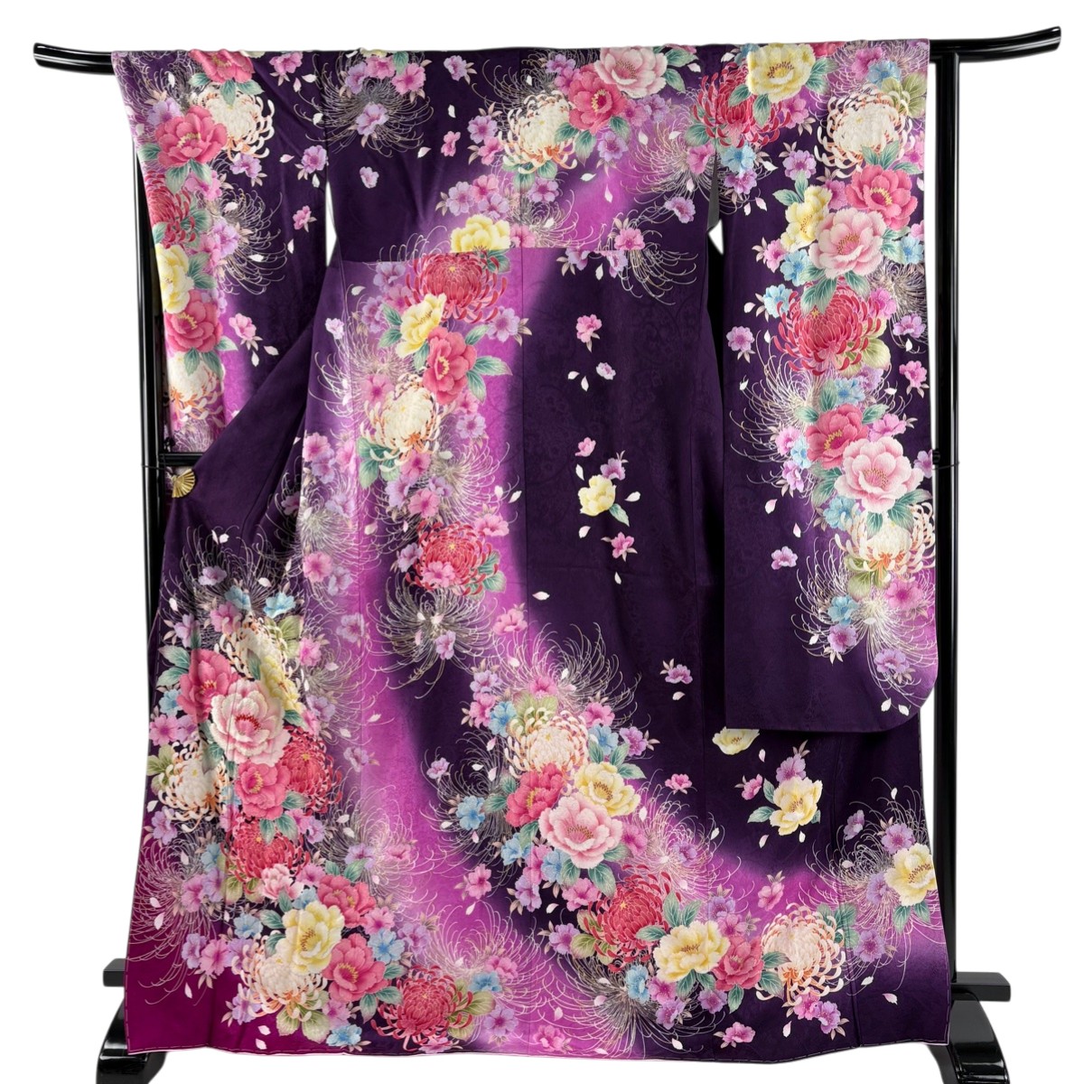 【美品】 振袖 身丈170cm 裄丈67cm M 袷 牡丹 乱菊 刺繍 金銀彩 紫 正絹 名品 【中古】