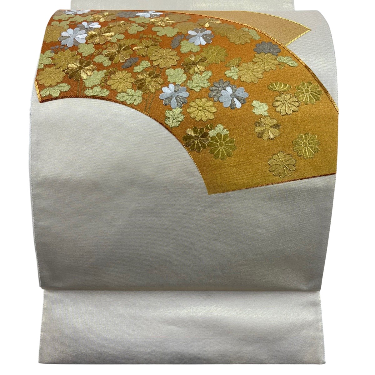 袋帯 秀品 扇面 菊 金糸 箔 ベージュ お太鼓柄 正絹 【中古】