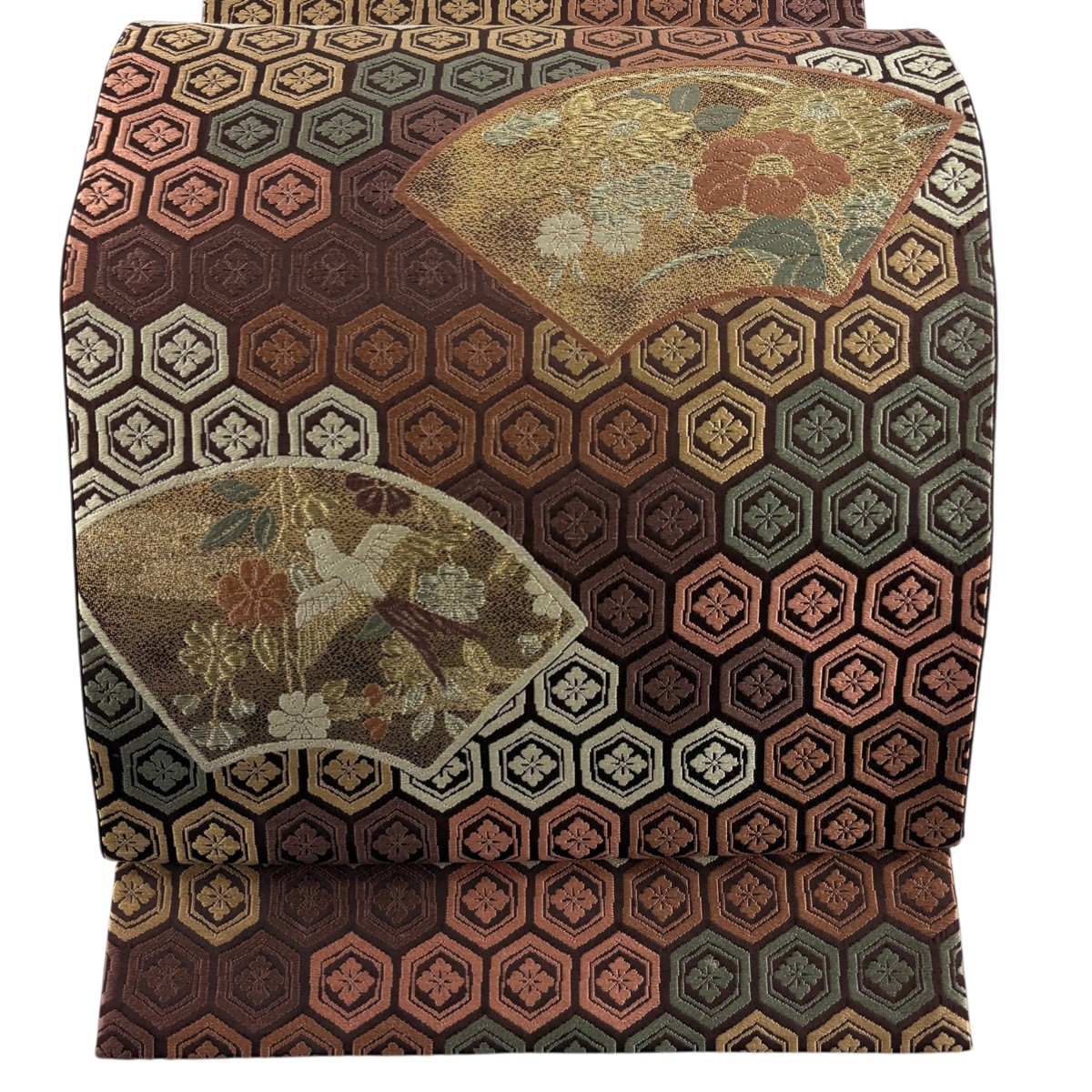 【美品】 袋帯 秀品 扇面 亀甲花菱 金糸 箔 茶紫 六通 正絹 【中古】