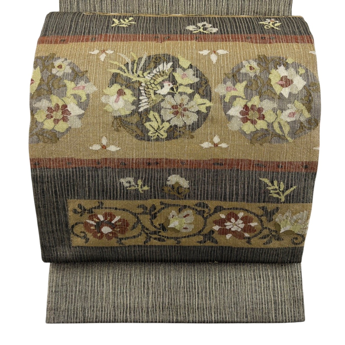 【美品】 袋帯 秀品 夏帯 やまと 草花 尾長鳥 金糸 灰色 お太鼓柄 正絹 【中古】