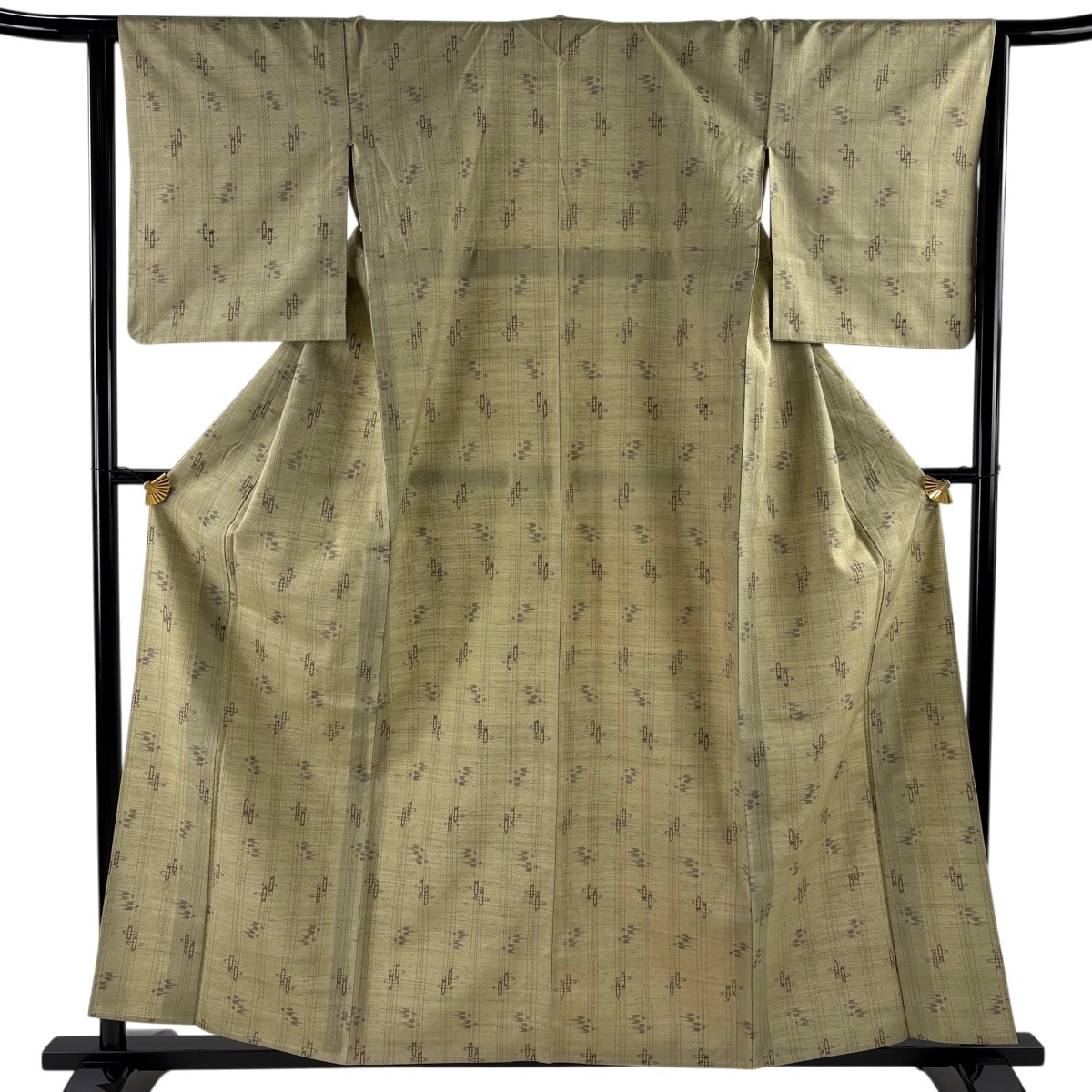 紬 身丈158.5cm 裄丈64cm M 単衣 燕 縦縞 抹茶色 正絹 秀品 【中古】