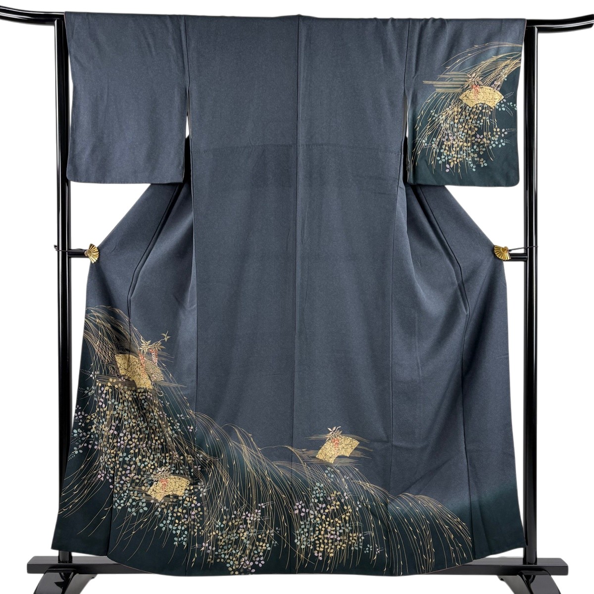 訪問着 身丈159.5cm 裄丈64.5cm M 袷 扇面 萩 刺繍 金彩 黒灰 正絹 秀品 【中古】