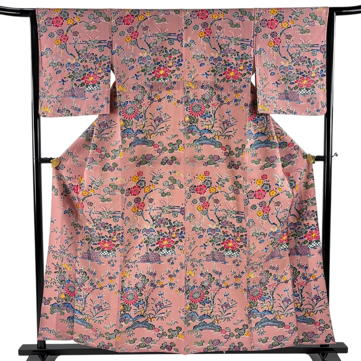 【美品】 小紋 身丈159cm 裄丈64cm M 単衣 草花 松竹梅 縮緬 ピンク 正絹 秀品 【中古】