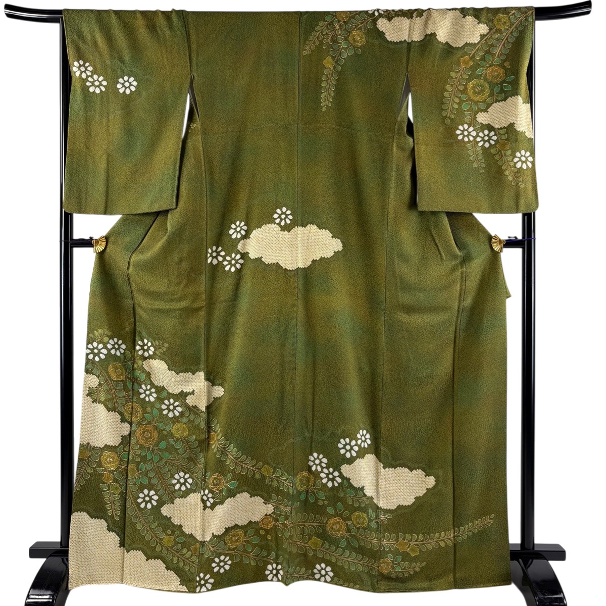 訪問着 身丈167cm 裄丈67cm M 袷 草花 雲文 金彩 絞り 鶯色 正絹 秀品 【中古】
