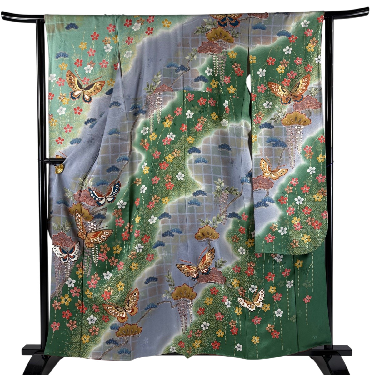 振袖 身丈161cm 裄丈63cm S 袷 蝶 松竹梅 金糸 刺繍 緑 正絹 秀品 【中古】