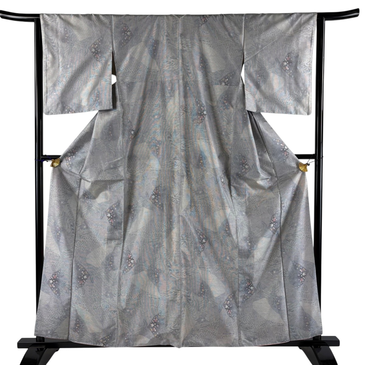 紬 身丈160cm 裄丈64cm M 袷 波 幾何学 青灰色 正絹 秀品 【中古】