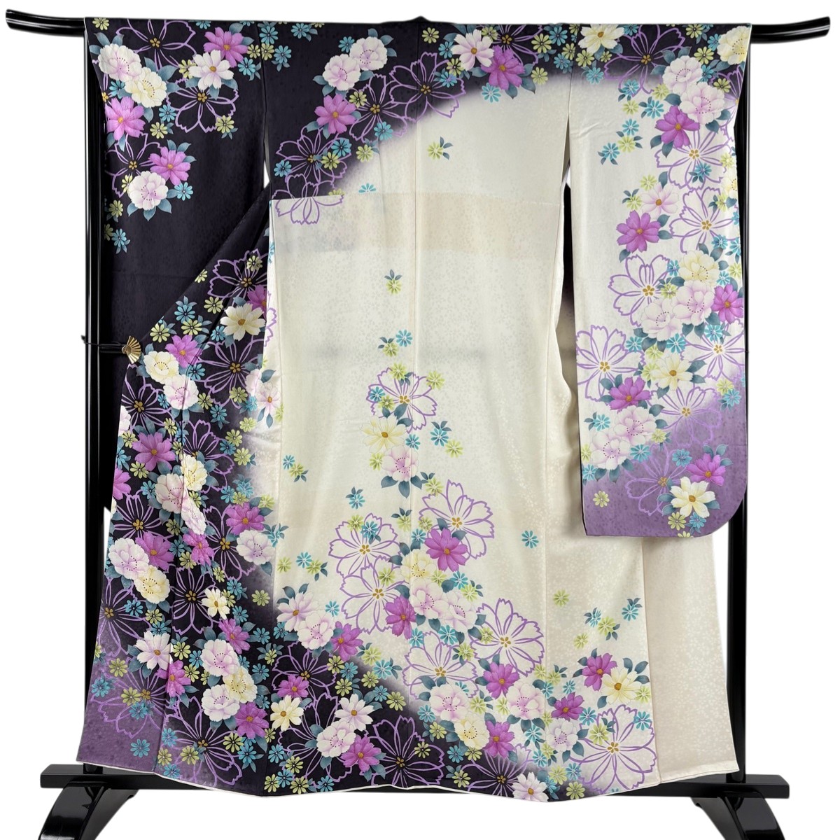 【美品】 振袖 身丈159cm 裄丈65.5cm M 袷 草花 金糸 ぼかし 濃紫 正絹 名品 【中古】