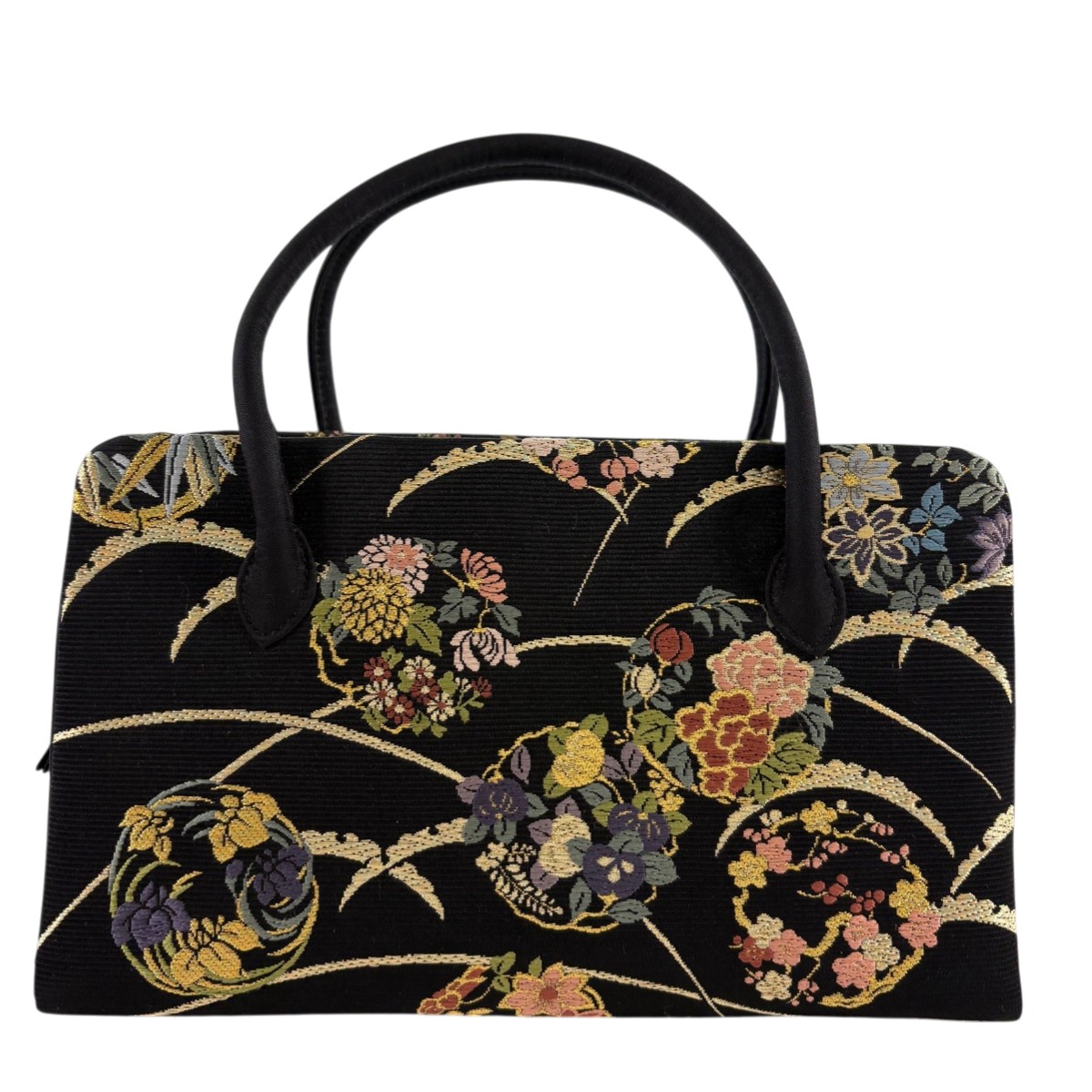 【美品】 和装バッグ 優品 フォーマル 利休バッグ 花丸文 雪芝 金糸 黒 和装小物 【中古】