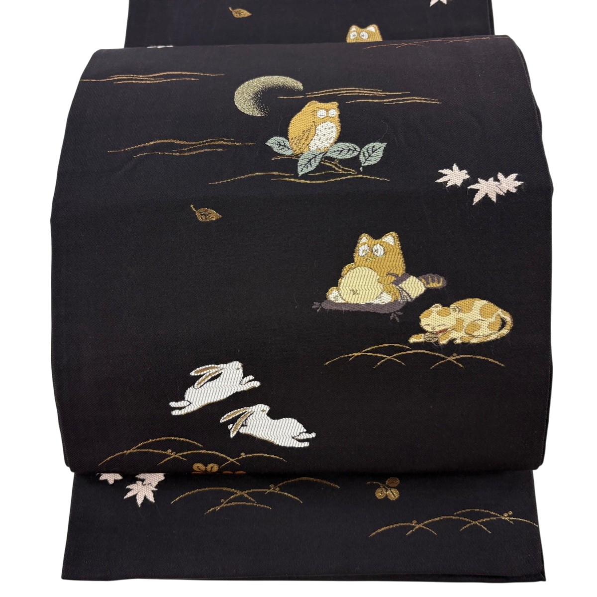 開き名古屋帯 逸品 フクロウ 猫 箔 濃紫 正絹 【中古】