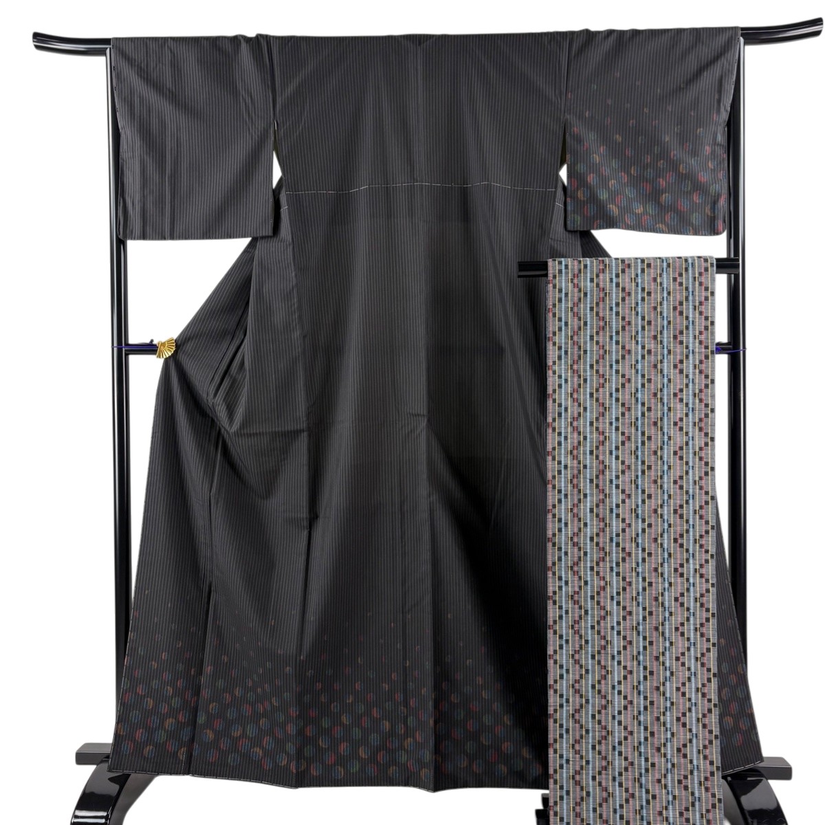【美品】 付下げ 身丈164cm 裄丈66cm M 袷 紬地 袋帯セット 縦縞 丸文 墨色 正絹 秀品 【中古】