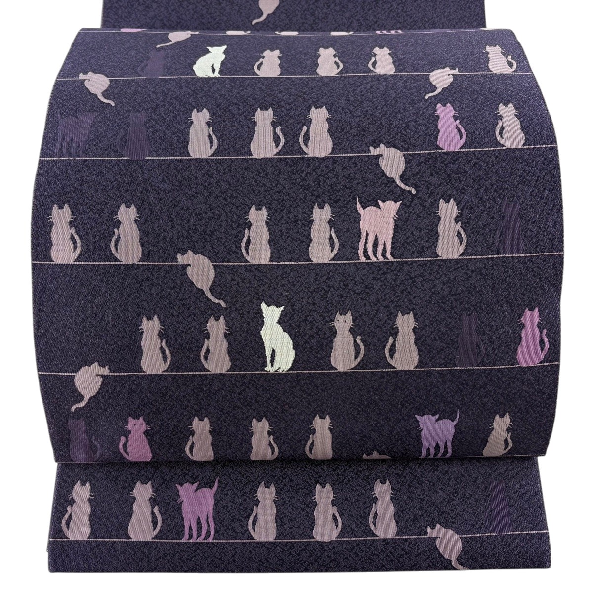 【美品】 袋帯 逸品 となみ織物 落款あり 証紙あり 猫 紫 六通 正絹 【中古】