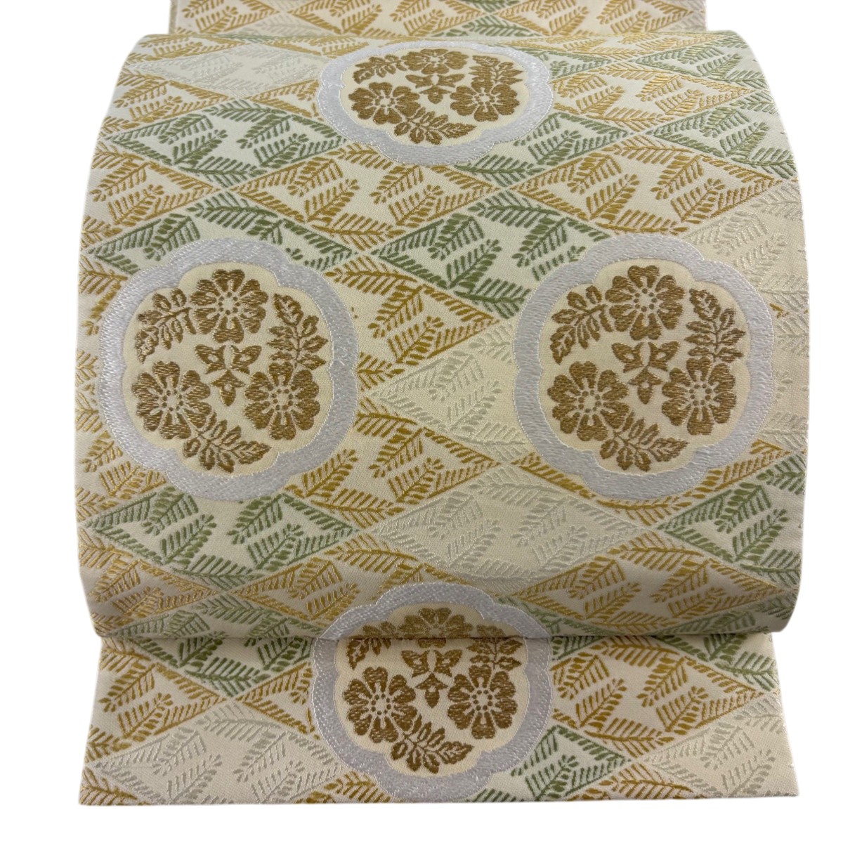 袋帯 逸品 常磐華紋 葉 金糸 刺繍 ベージュ 六通 正絹 【中古】