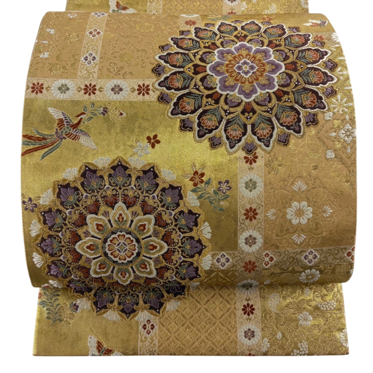 【美品】 袋帯 逸品 証紙あり 京藝 優双錦 華文 花喰い鳥 刺繍 金糸 金色 六通 正絹 【中古】