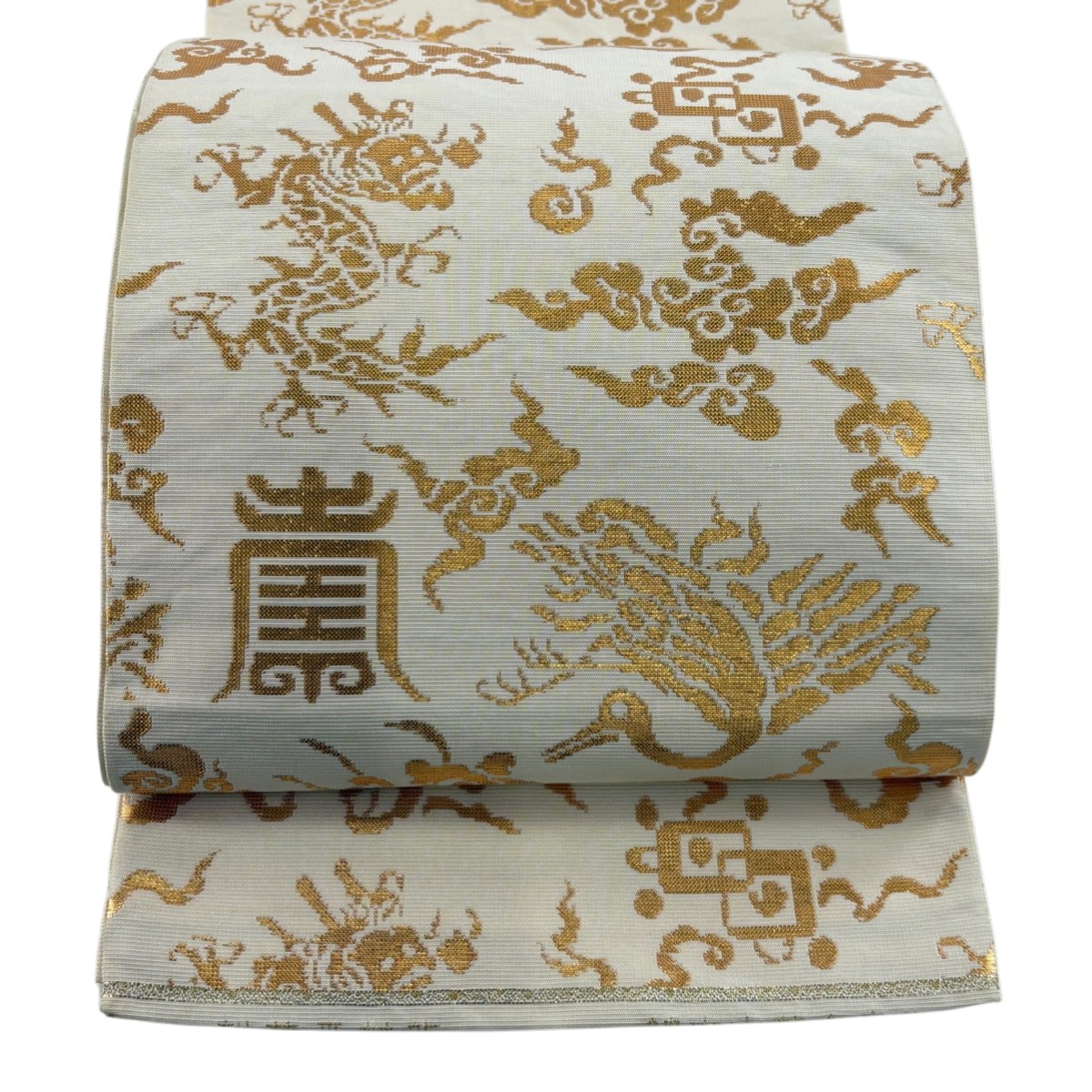袋帯 逸品 龍村平蔵 落款あり 鳥 文字文 箔 クリーム 六通 正絹 【中古】