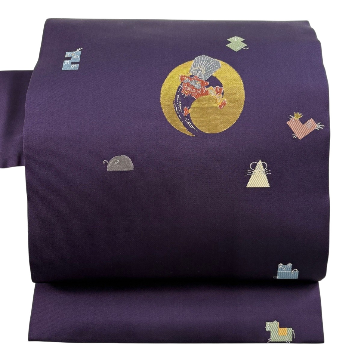 名古屋帯 逸品 風神雷神 十二支 金銀糸 箔 紫 正絹 【中古】