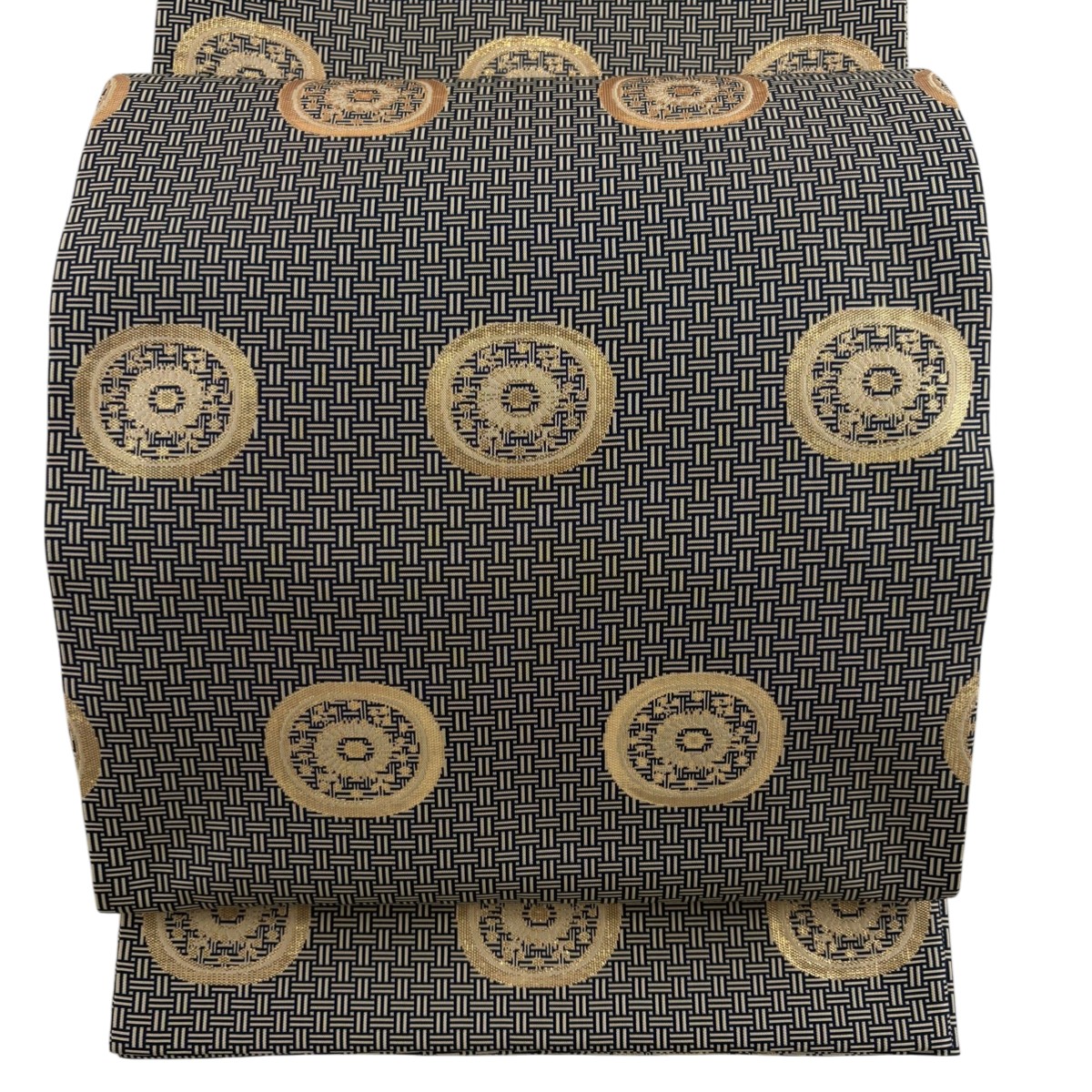 【美品】 袋帯 逸品 龍村晋 落款あり 網代 丸文 箔 黒 全通 正絹 【中古】