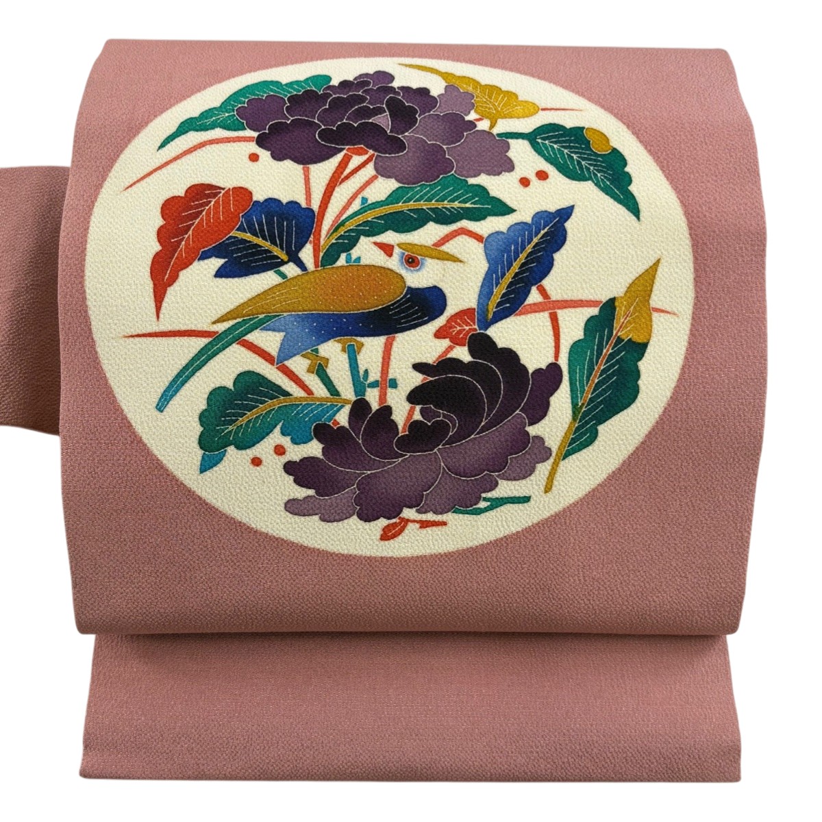 名古屋帯 逸品 人間国宝 木村雨山 落款あり 鳥 草花 縮緬 ピンク 正絹 【中古】