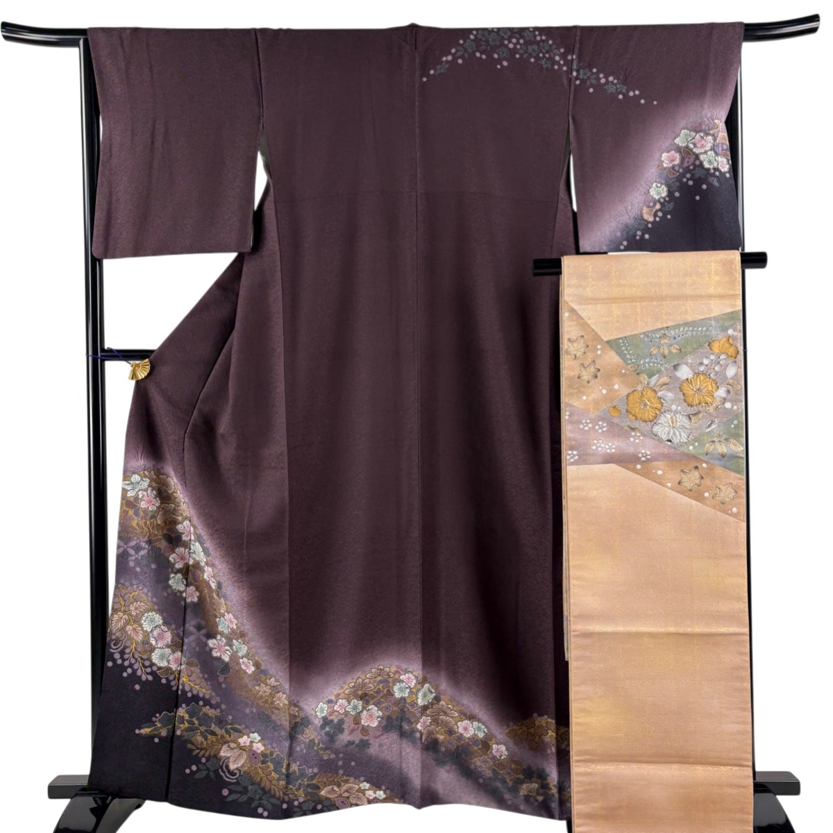 【美品】 訪問着 身丈161cm 裄丈66cm M 袷 袋帯セット 辻が花柄 七宝 金彩 銀通し 濃紫 正絹 名品 【中古】