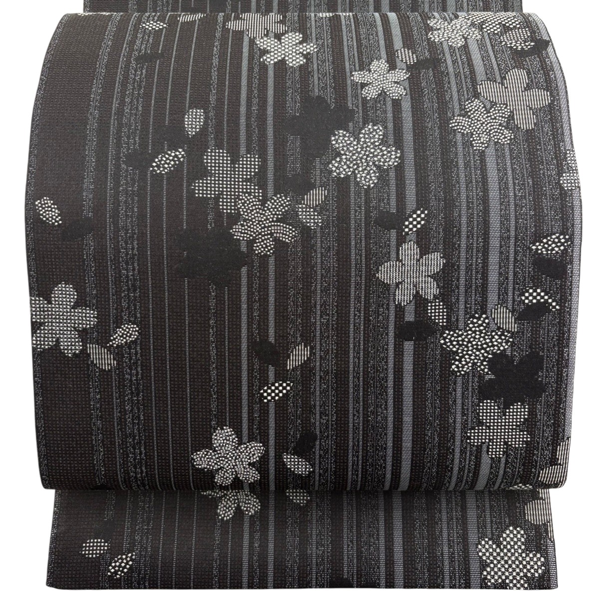 【美品】 袋帯 名品 証紙あり 桜 縞 茶紫 六通 正絹 【中古】