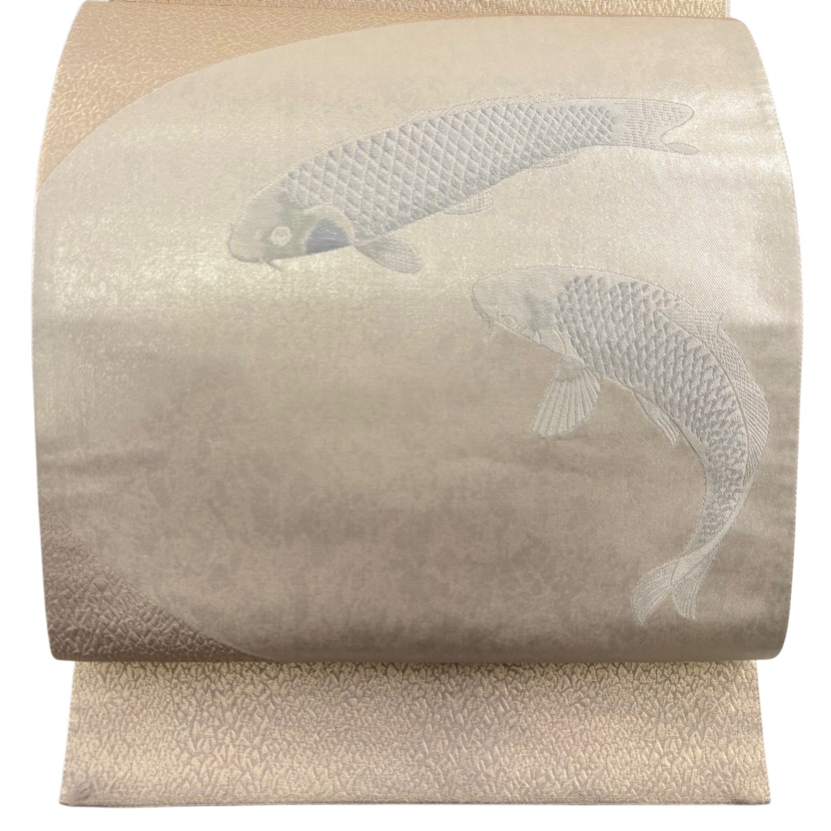 【美品】 袋帯 名品 落款あり 魚 銀糸 箔 金色 お太鼓柄 正絹 【中古】