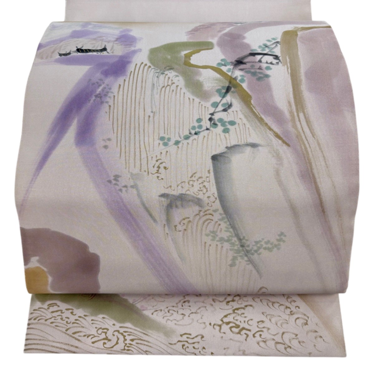 袋帯 名品 落款あり 風景 滝 金彩 薄ピンク お太鼓柄 正絹 【中古】