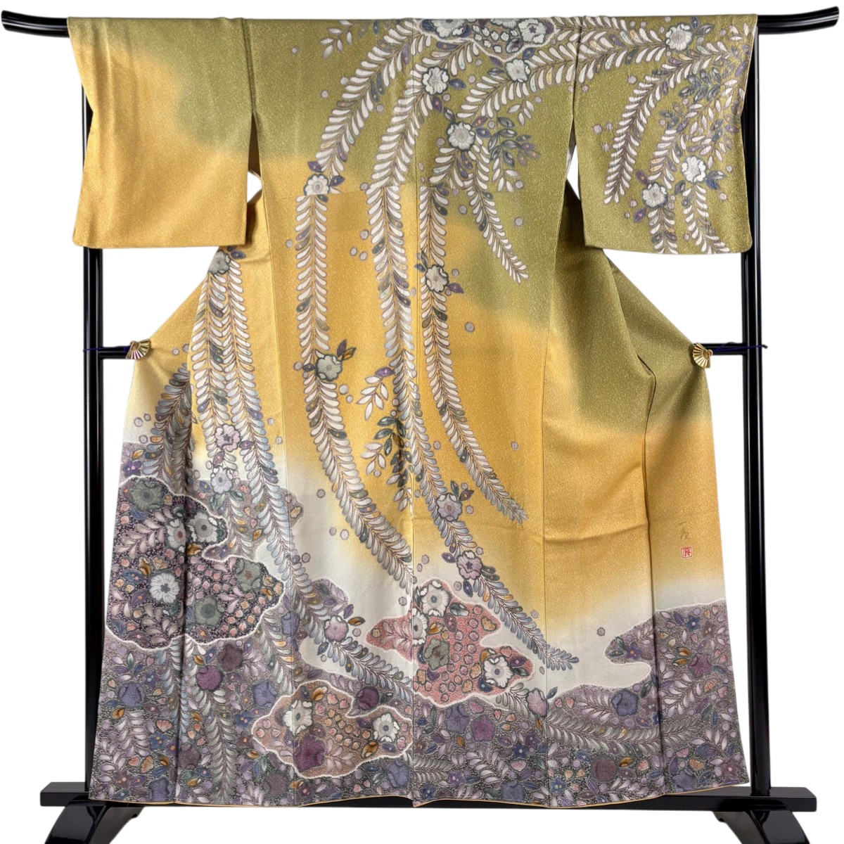 【美品】 訪問着 身丈159cm 裄丈67.5cm L 袷 吉乃一廉 落款あり 辻が花 雲文 銀通し ぼかし 山吹色 正絹 逸品 【中古】