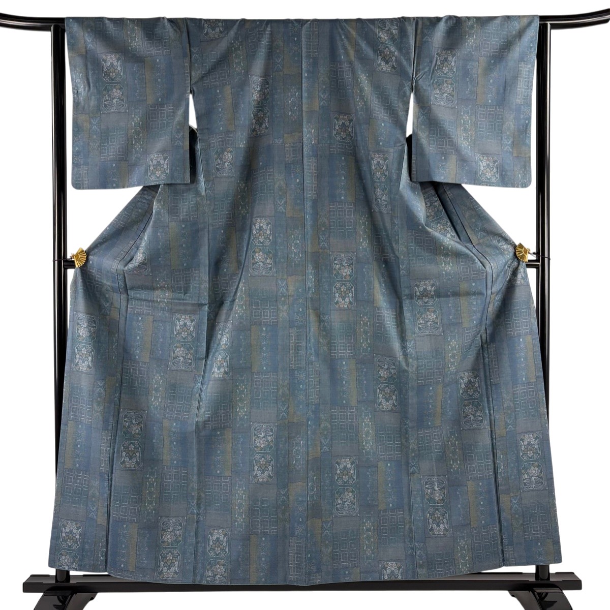 紬 身丈158cm 裄丈64cm M 袷 草花 幾何学 青緑 正絹 名品 【中古】