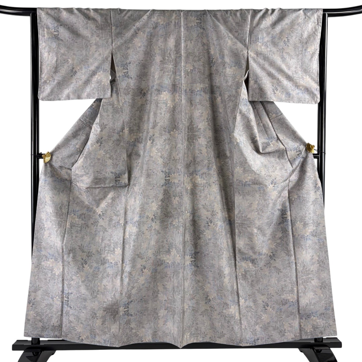【美品】 紬 身丈159cm 裄丈65cm M 袷 葉 灰色 正絹 名品 【中古】