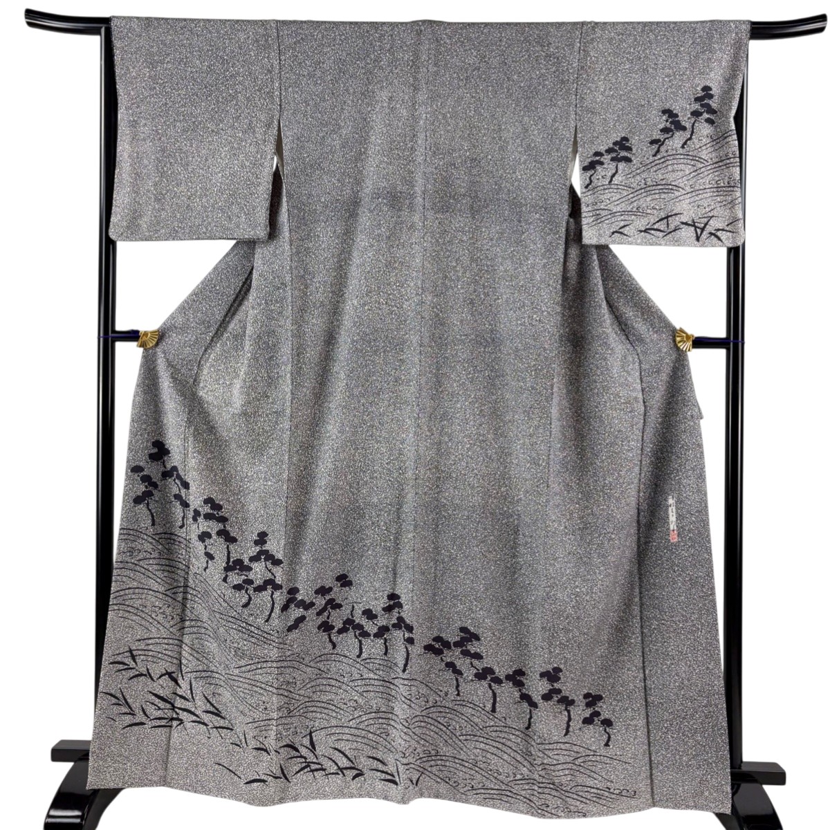 【美品】 付下げ 身丈164.5cm 裄丈67cm M 袷 川村久太郎 落款あり 笠松 波 黒灰 正絹 名品 【中古】