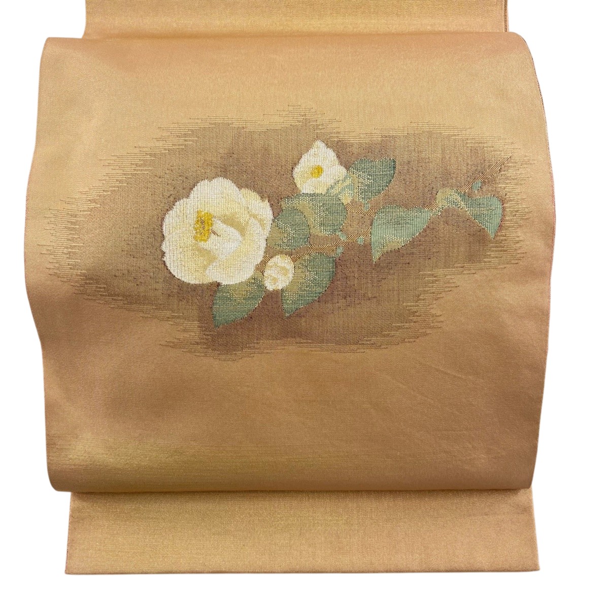 【美品】 袋帯 名品 じゅらく 落款あり 椿 金糸 金色 お太鼓柄 正絹 【中古】