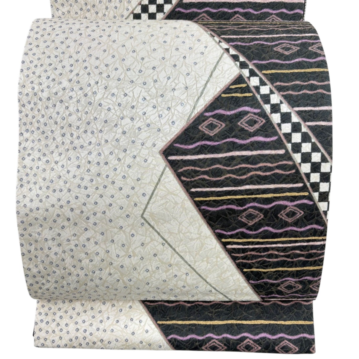 【美品】 袋帯 名品 落款あり 縞 市松 金彩 金糸 クリーム 全通 正絹 【中古】