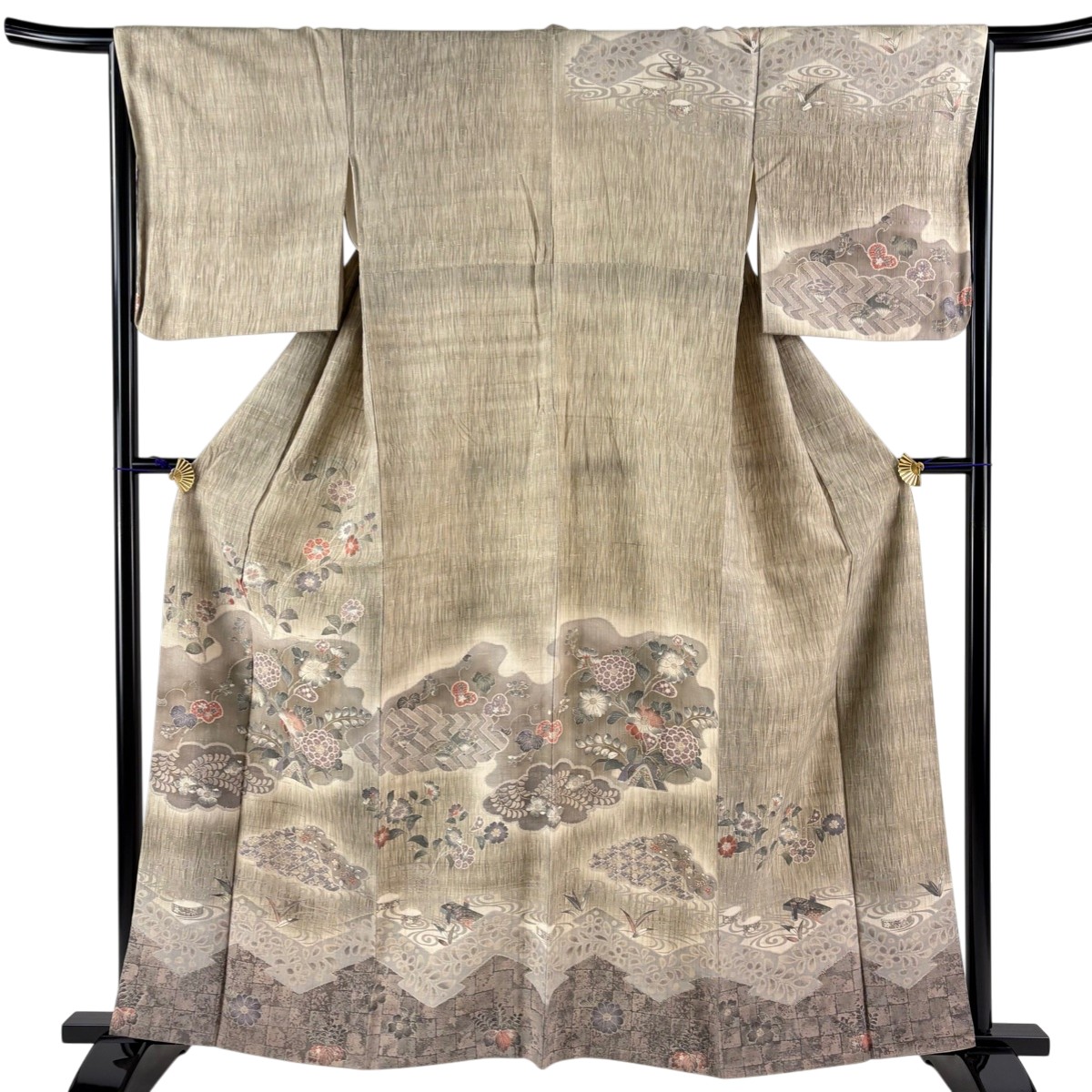 訪問着 身丈161cm 裄丈65cm M 袷 紬地 草花 雲文 灰茶 正絹 名品 【中古】