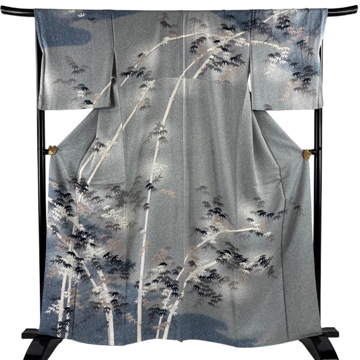 訪問着 身丈160cm 裄丈68.5cm L 袷 竹 笹 ぼかし 青灰色 正絹 名品 【中古】