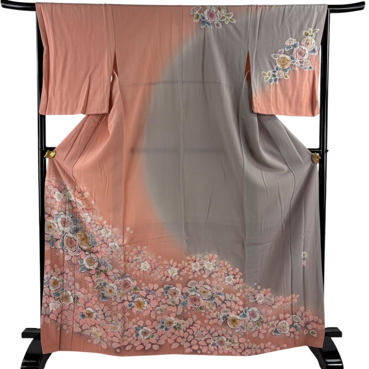 訪問着 身丈168cm 裄丈67cm M 袷 落款あり 辻が花 ぼかし サーモンピンク 正絹 名品 【中古】