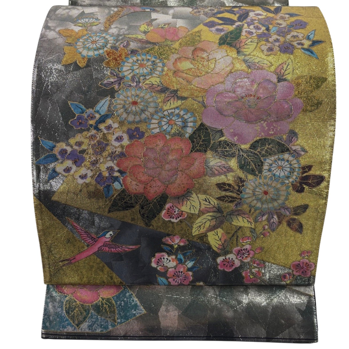 【美品】 袋帯 名品 草花 鳥 箔 螺鈿箔 銀色 お太鼓柄 正絹 【中古】
