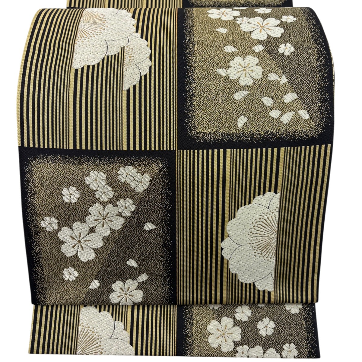 【美品】 袋帯 名品 桜 縞 唐織 箔 山吹茶色 六通 正絹 【中古】