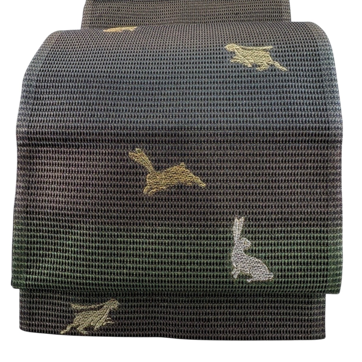 袋帯 名品 うさぎ 金銀糸 箔 青緑 お太鼓柄 正絹 【中古】