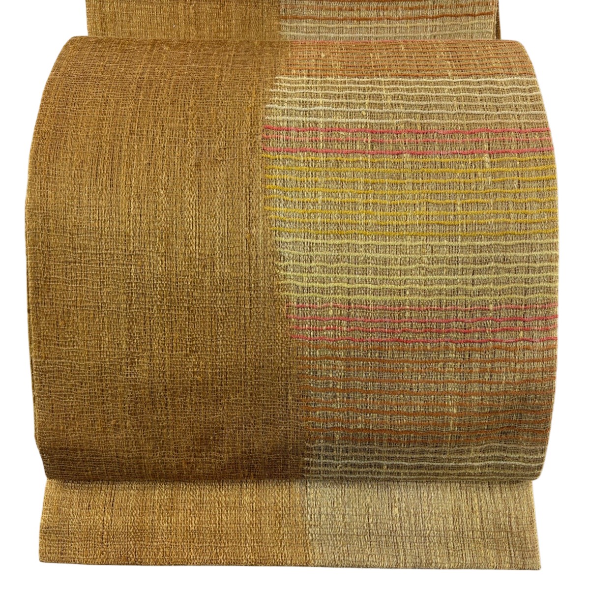 【美品】 袋帯 名品 夏帯 奥順 結城櫛織 縞 金糸 山吹茶色 お太鼓柄 正絹 【中古】