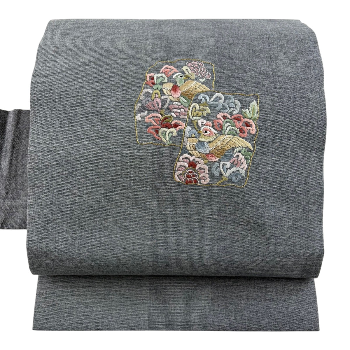 【美品】 名古屋帯 秀品 鳥 草花 金糸 刺繍 青灰色 正絹 【中古】