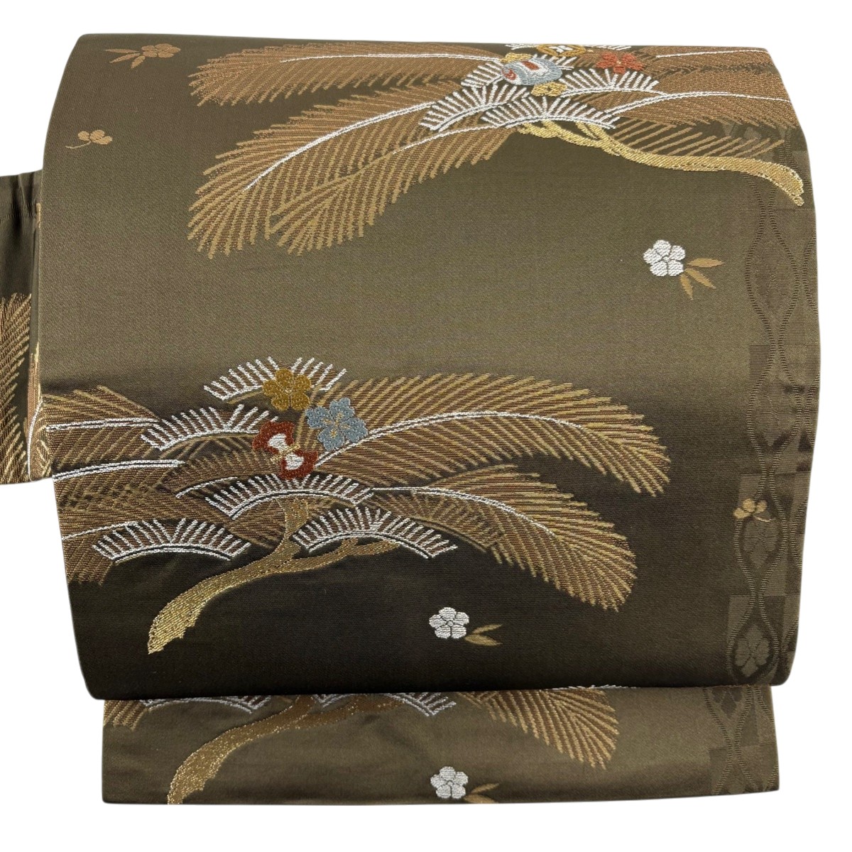 【美品】 名古屋帯 秀品 松 梅 金銀糸 箔 茶緑色 正絹 【中古】