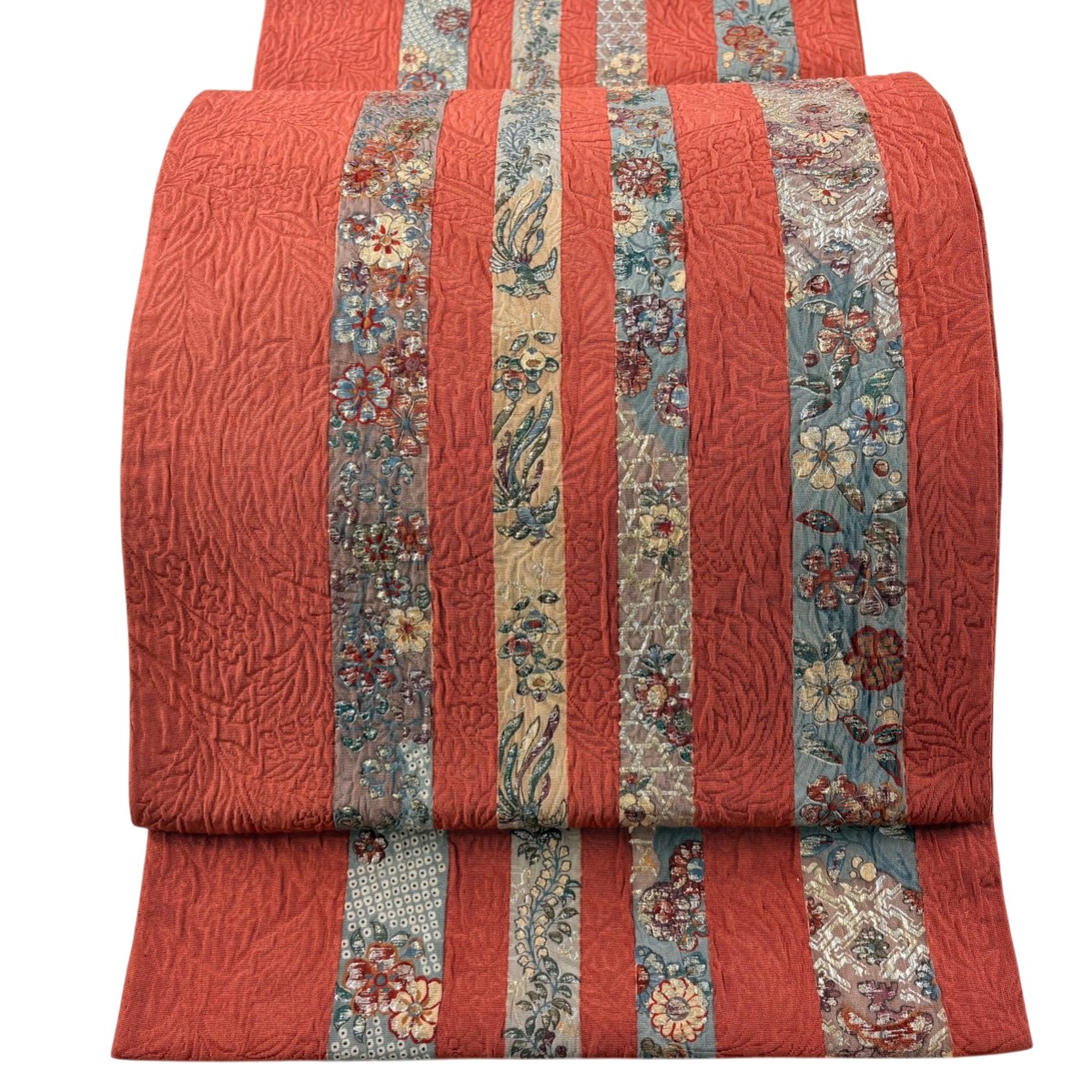 【美品】 袋帯 秀品 縞 草花 金銀彩 朱色 全通 正絹 【中古】