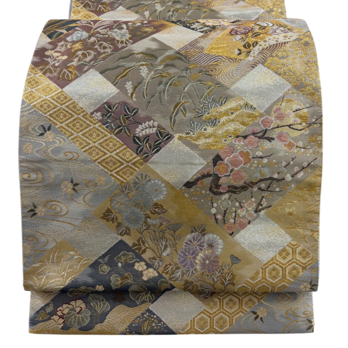 袋帯 秀品 牡丹 観世水 灰色 六通 正絹 【中古】