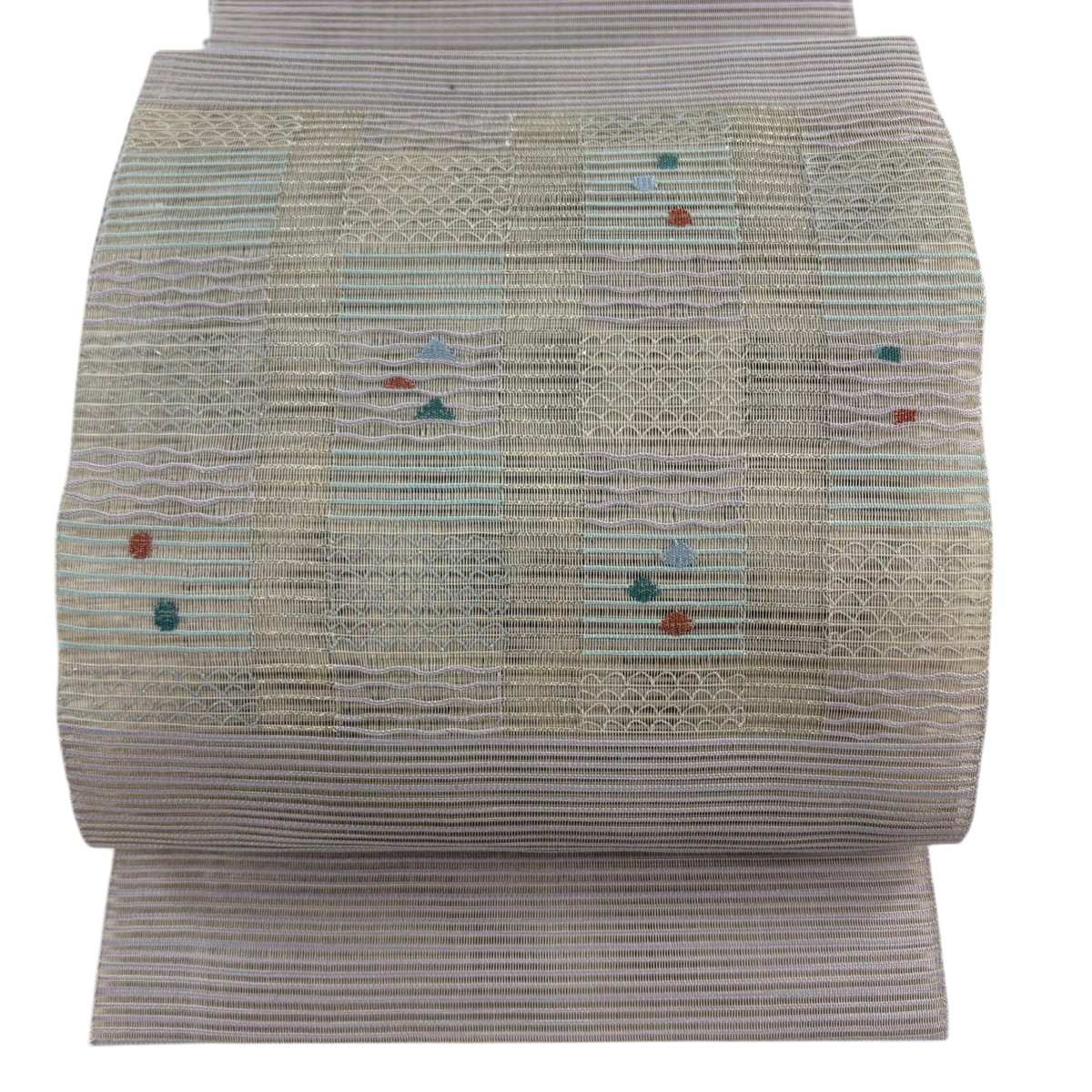 【美品】 名古屋帯 秀品 夏帯 絽 八寸名古屋帯 松葉仕立て 変わり市松 幾何学模様 金銀糸 薄小豆 正絹 【中古】
