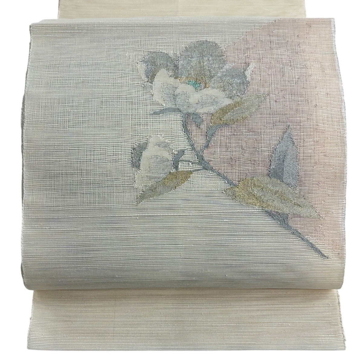 【美品】 名古屋帯 秀品 八寸名古屋帯 松葉仕立て 夏帯 絽 トンネル仕立て 草花 金銀糸 ベージュ 正絹 【中古】