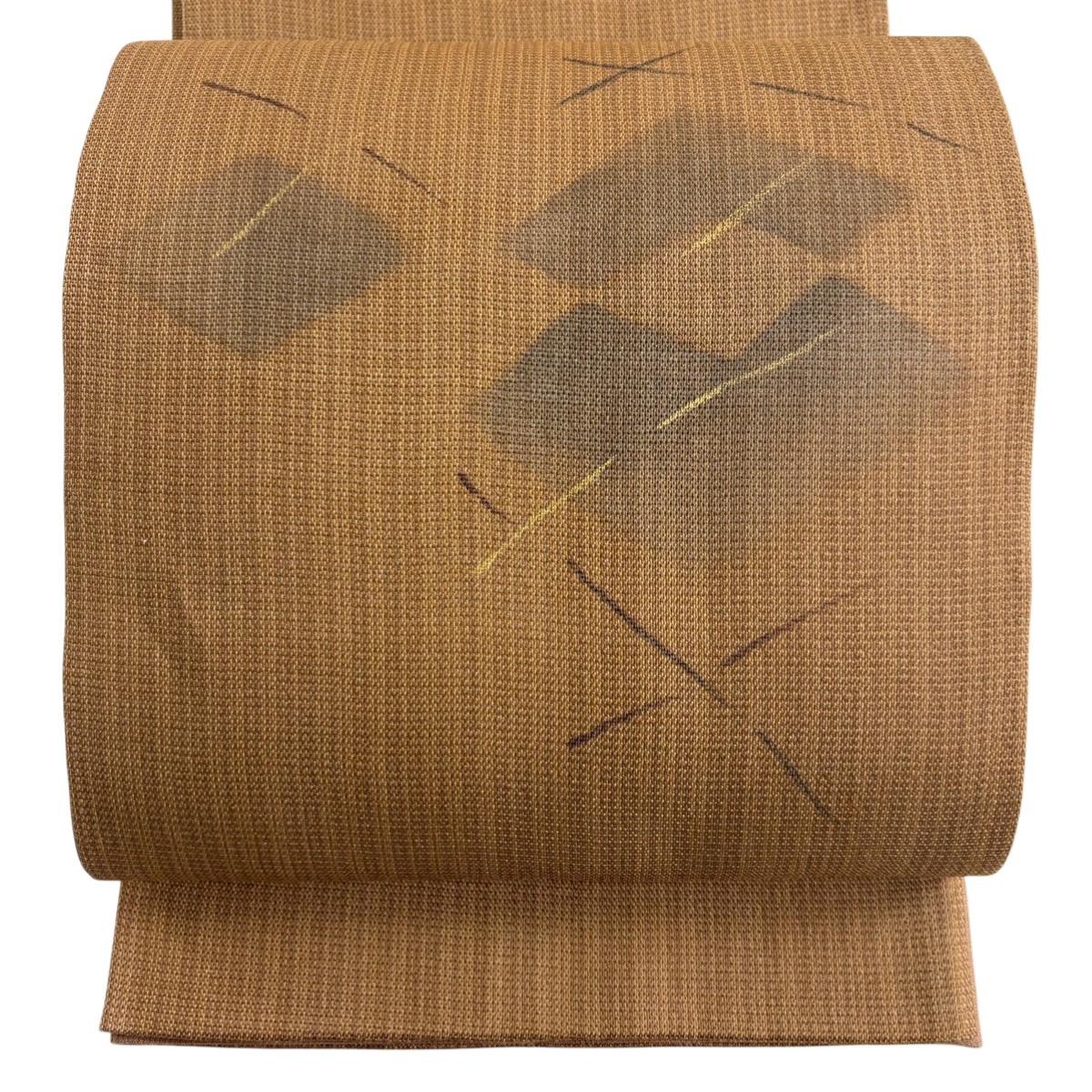【美品】 袋帯 秀品 夏帯 夏紬地 幾何学模様 金彩 茶色 お太鼓柄 正絹 【中古】